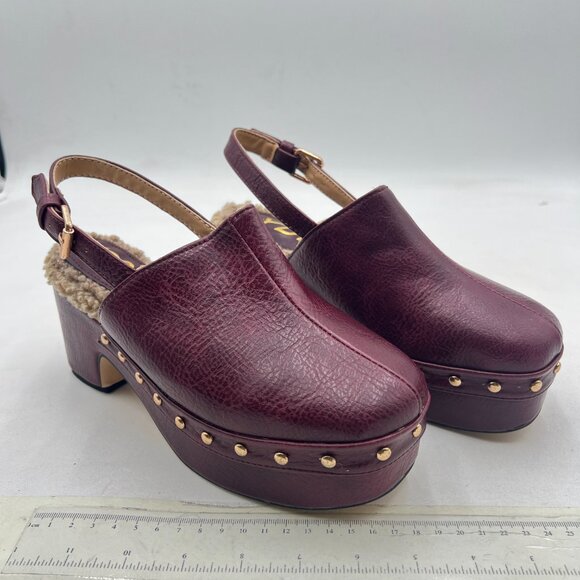 YDN Purple Fur Studded Closed Toe Slingback Buckle  Platform Low Thick Heel Pump - Picture 3 of 7